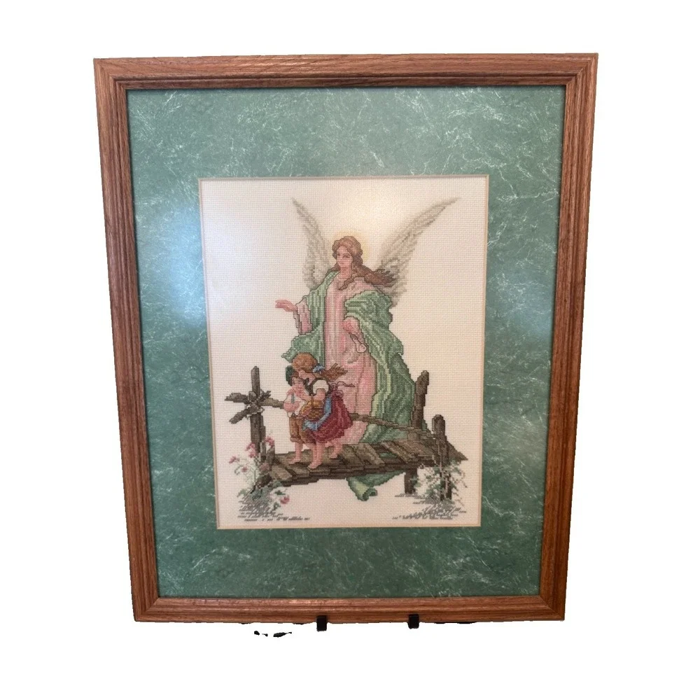 Vintage Guardian Angel Cross Stitch Framed Matted Leisure Arts Wall Hanging 21